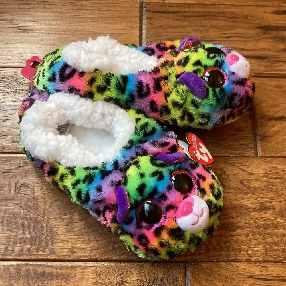 TY Beanie Boos Dottie Slippers Rainbow Leopard Youth Kids Size 4-6 New NWT